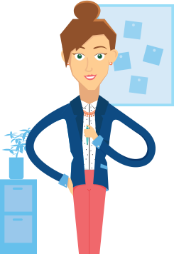woman cartoon standing in office environment holding a pen