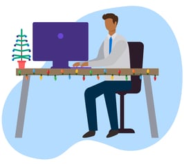 Icon - Male sitting at desk with Christmas lihgts and a tree