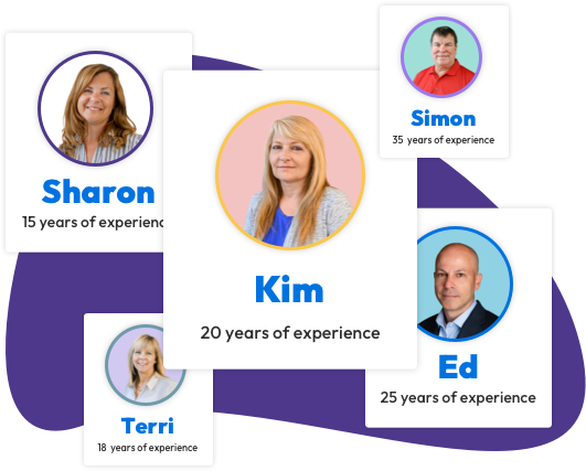 Images of Sharon - 15 years of experience - Kim - 20 years of experience - Ed - 25 years of experience - Terri - 18 years of experience - Simon - 35 years of experience