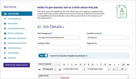 Screen cap of creating the job description