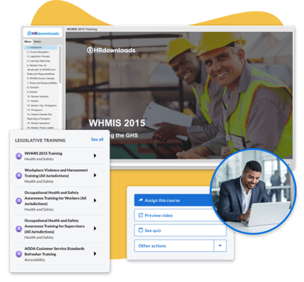 Screenshot of a training course - Legislative Training card - buttons for Assign this course - Preview video - see quiz - other actions - an image of a male on a laptop in a circle