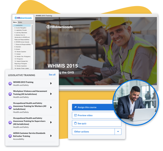Screenshot of a training course - Legislative Training card - buttons for Assign this course - Preview video - see quiz - other actions - an image of a male on a laptop in a circle